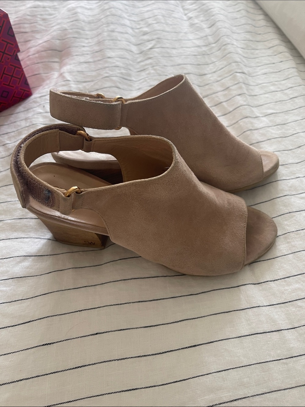 Stuart Weitzman Taupe Suede Open-Toe Slingback Heels